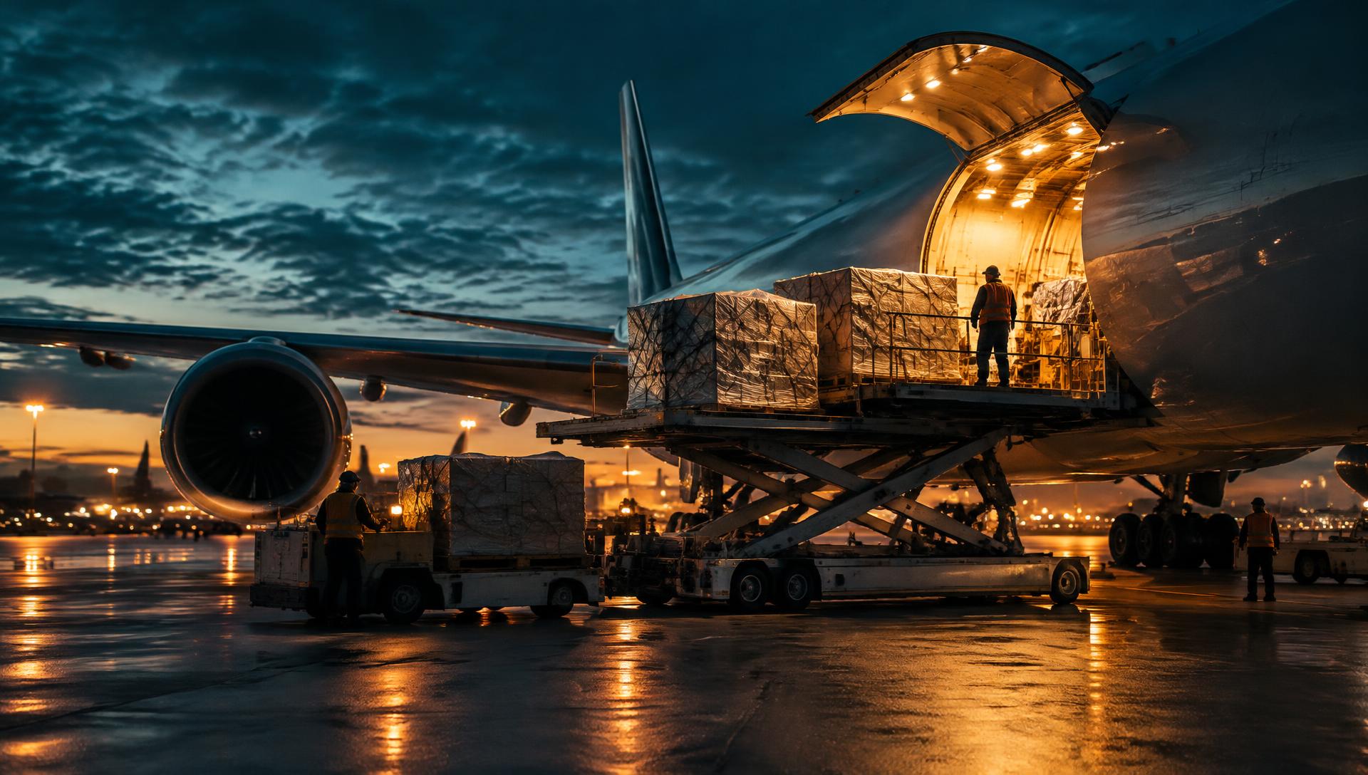 Cargo being loaded onto a freight aircraft at dusk